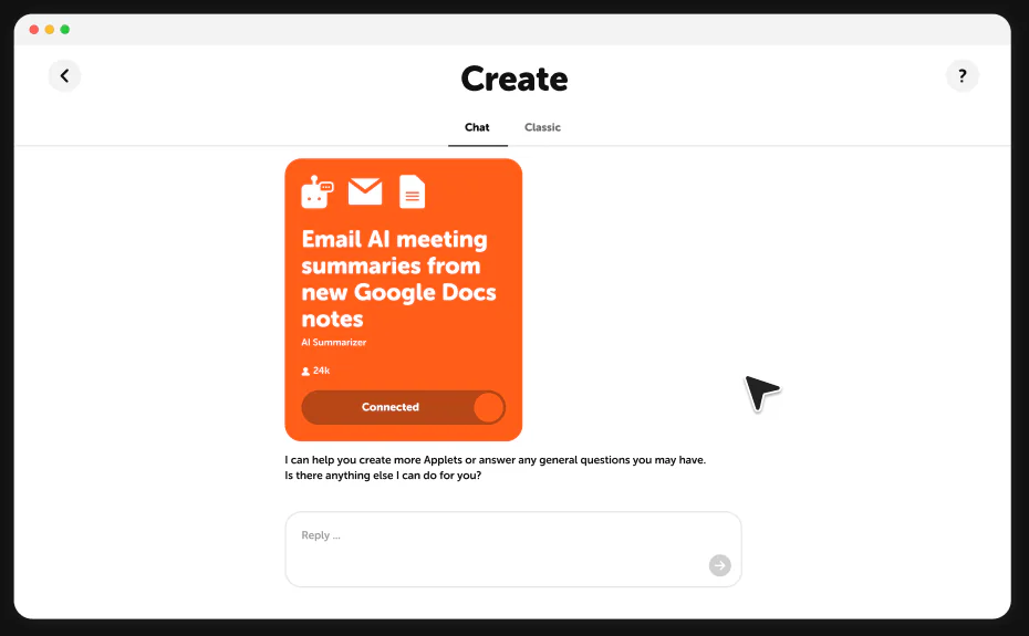 The IFTTT.ai chat creating an Applet from a prompt