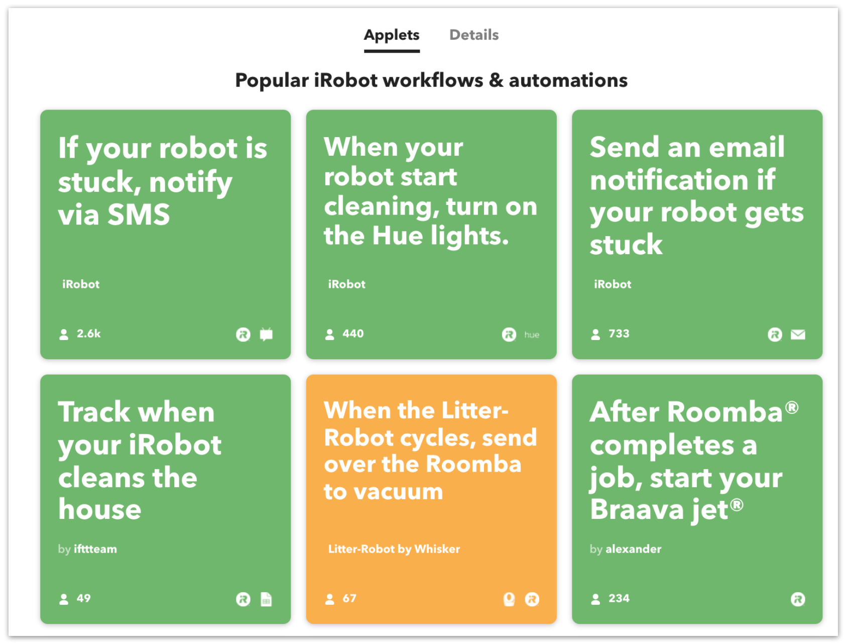 Service Applets list